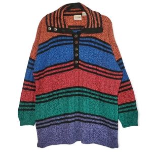 Vintage 80s Stefano International Slouchy Tunic Button Collar Striped Sweater